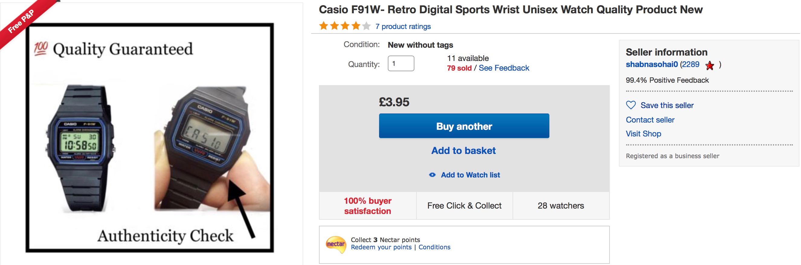 eBay auction for a fake Casio F91-W